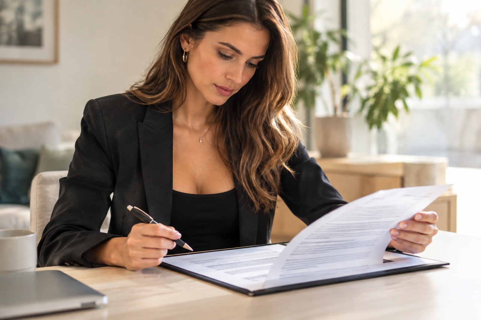 Une candidate relisant attentivement son contrat, stylo en main : le cachet est écrit noir sur blanc avant le tournage