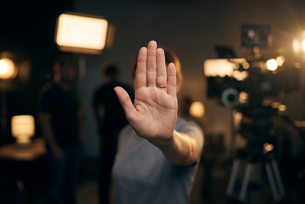 Le mot d'arrêt : une main levée, paume ouverte, face à la caméra d'un plateau de tournage
