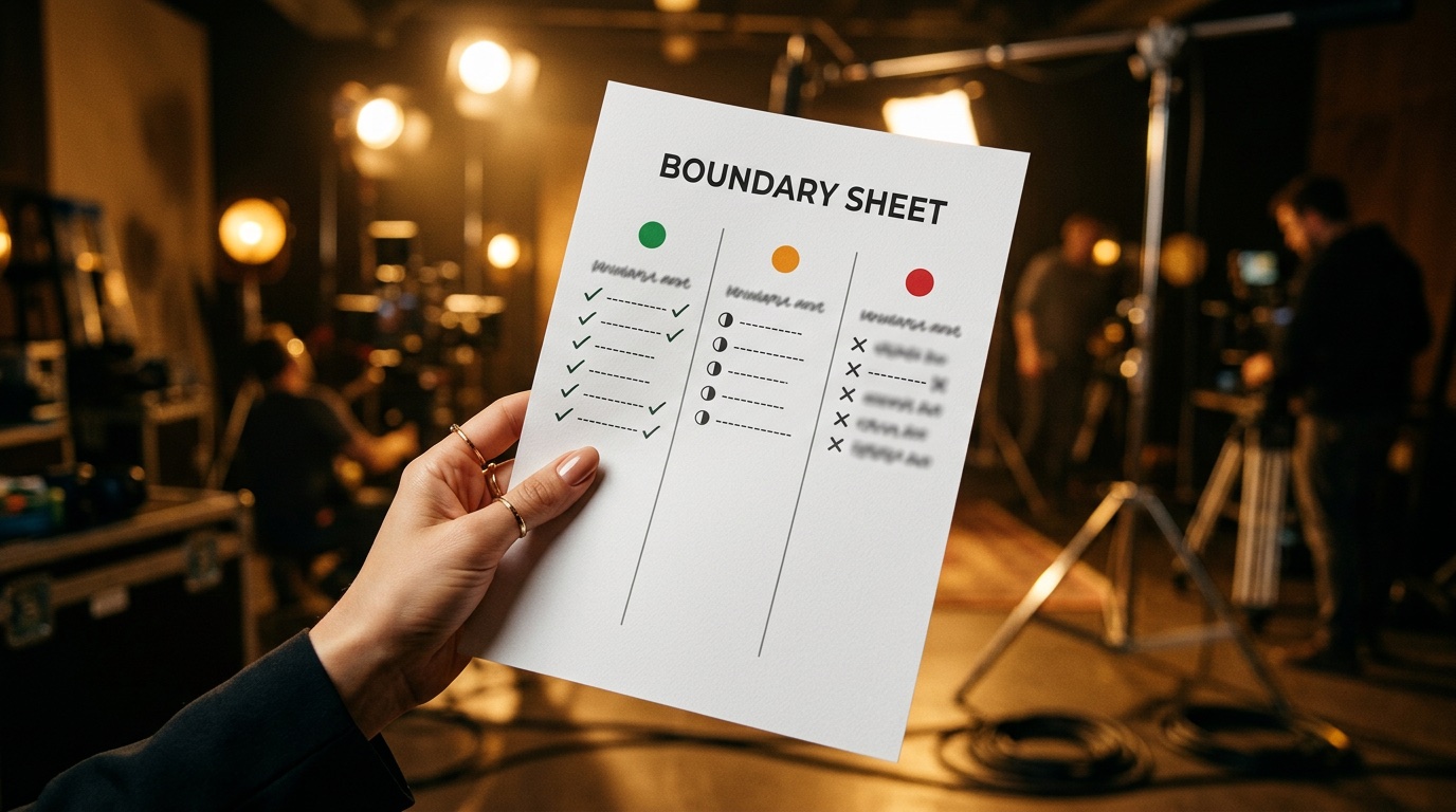 Une main tient la boundary sheet, la grille de limites à trois niveaux (vert, orange, rouge), sur un plateau de tournage