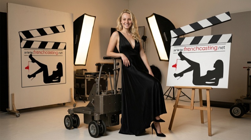 A smiling model next to the FrenchCasting clapperboards in the agency's studio